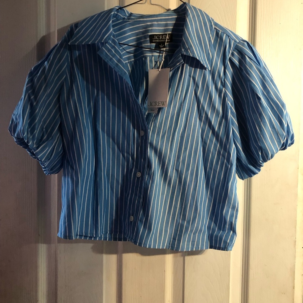 J. Crew Blue and White Striped Button-Front Shirt with puffy short sleeves